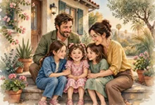 Isabella Louise Astin with her parents Sean Astin and Christine Harrell in a watercolor family illustration