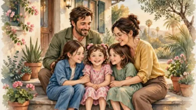 Isabella Louise Astin with her parents Sean Astin and Christine Harrell in a watercolor family illustration