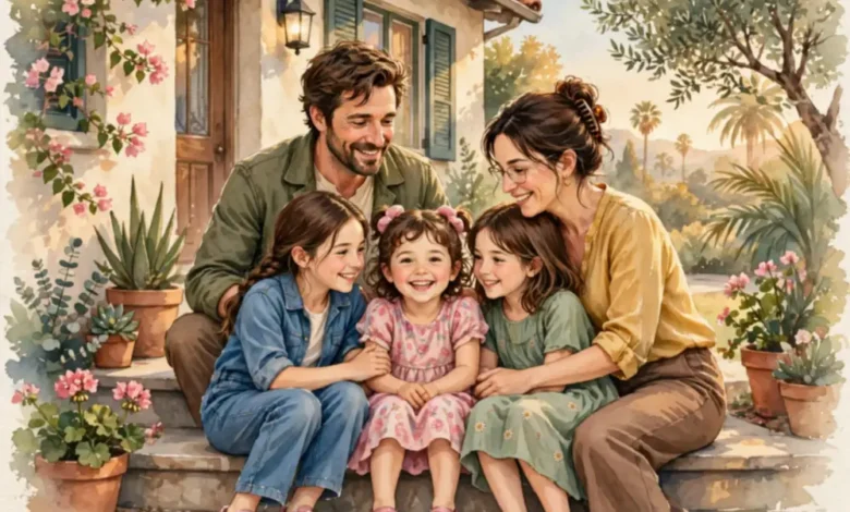 Isabella Louise Astin with her parents Sean Astin and Christine Harrell in a watercolor family illustration